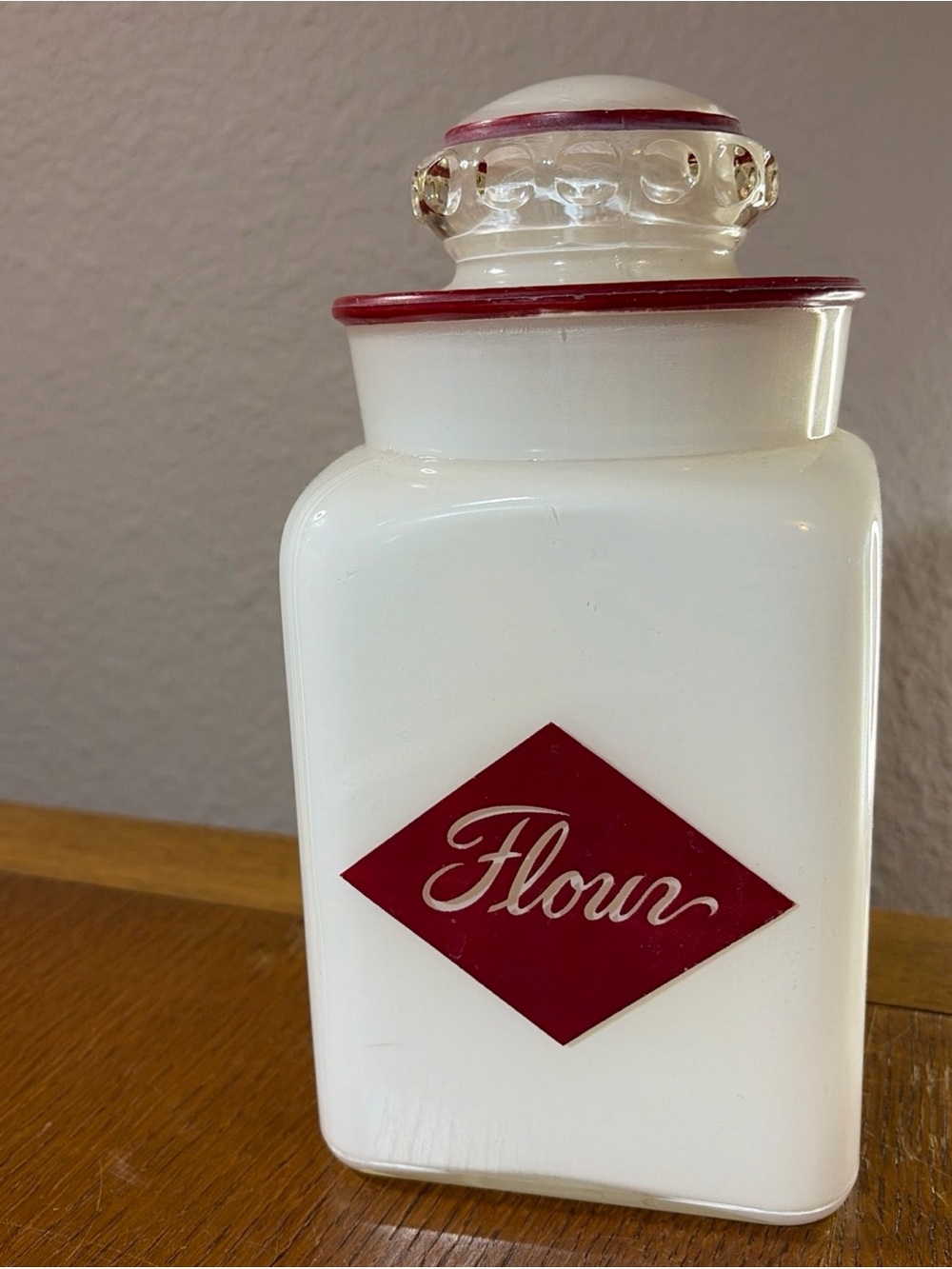 Vintage Milk Glass Flour Canister Red Diamond Script w/ Glass Lid MCM